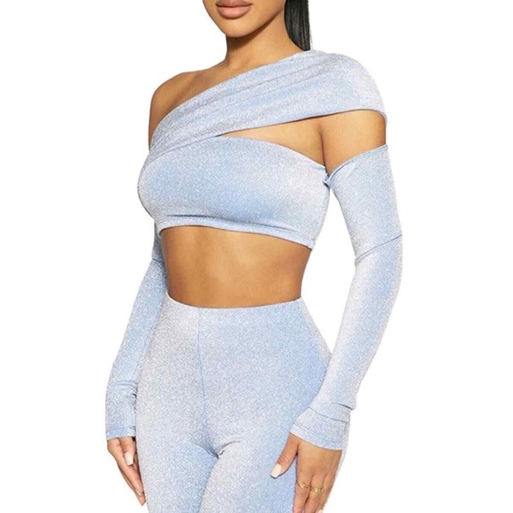 NWT Naked Wardrobe Overly Long Sleeve Off The Shoulder Crop Top Glitter Blue S - Picture 1 of 4